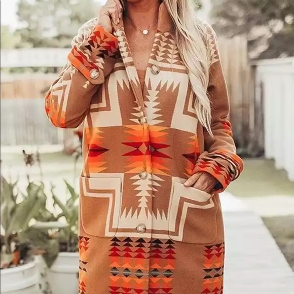 Boho Western Print Native Peacoat Camel Orange - Picture 2 of 6